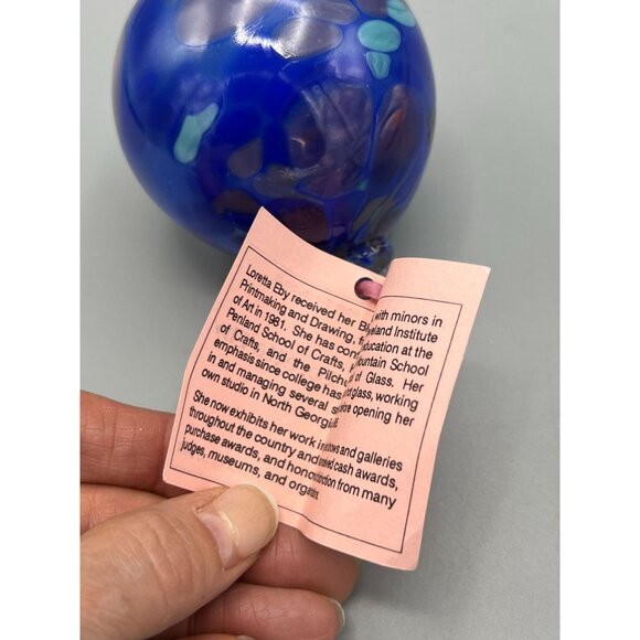 Studio Art Glass Tree Ornament Loretta Eby Hand Blown Blue Ball Confetti Gift - Picture 10 of 10